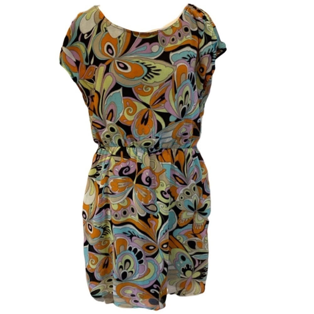 Anthropologie Tulle sleeveless lined dress. Size L. Paisley retro color pattern.